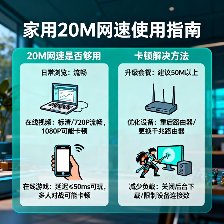 家用20m网速够用吗，玩游戏看视频卡顿怎么解决？