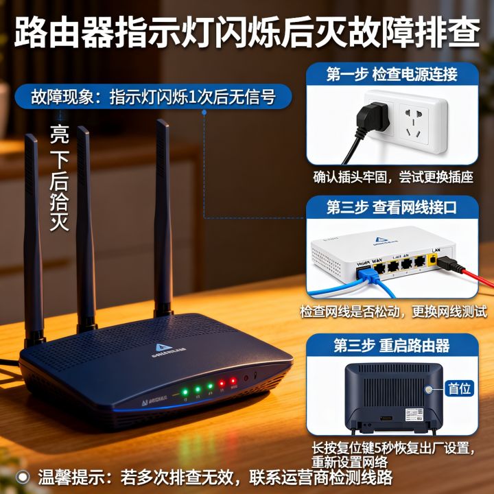路由器亮了一下又灭怎么回事，路由器指示灯闪烁一下就没信号怎么办