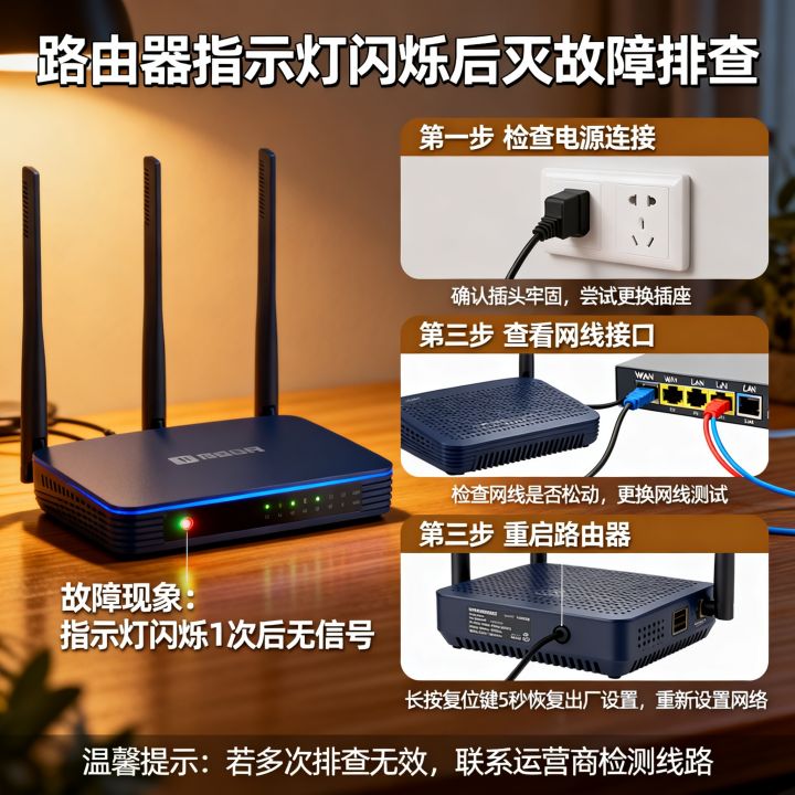 路由器亮了一下又灭怎么回事，路由器指示灯闪烁一下就没信号怎么办