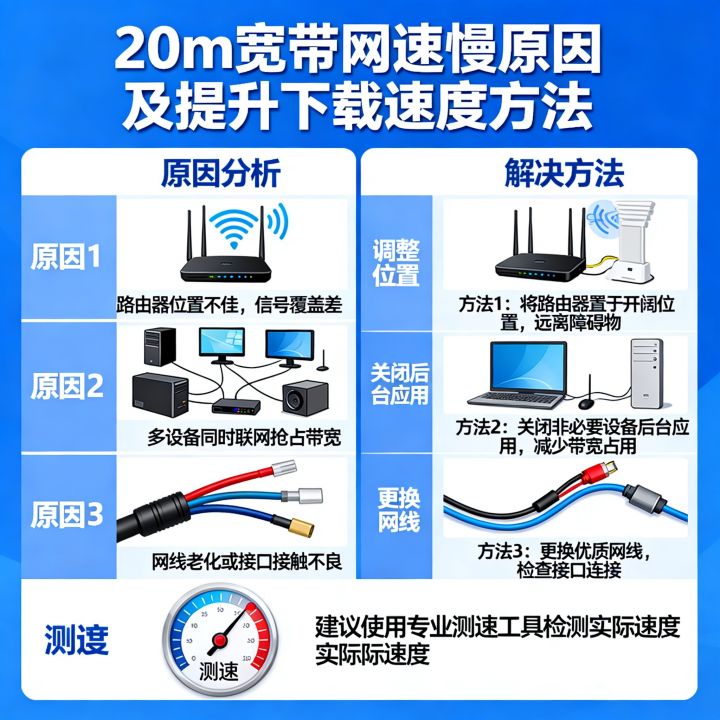 20m宽带网速慢怎么回事，如何提升实际下载速度？