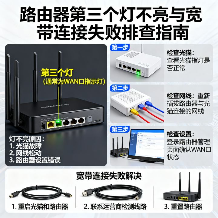 路由器第三个灯不亮是什么原因，宽带连接失败怎么办？