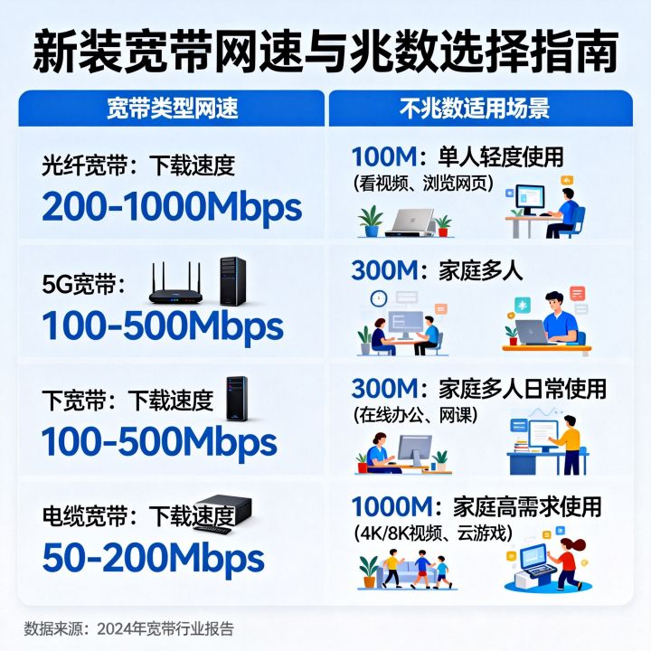 新装宽带哪种网速快些，宽带选多少兆够用？