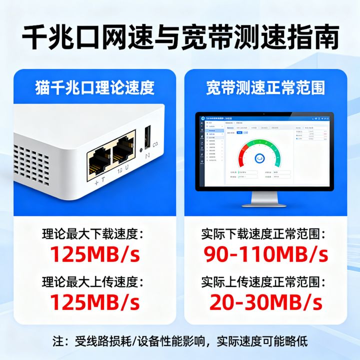 猫千兆口网速多少，宽带测速多少正常？
