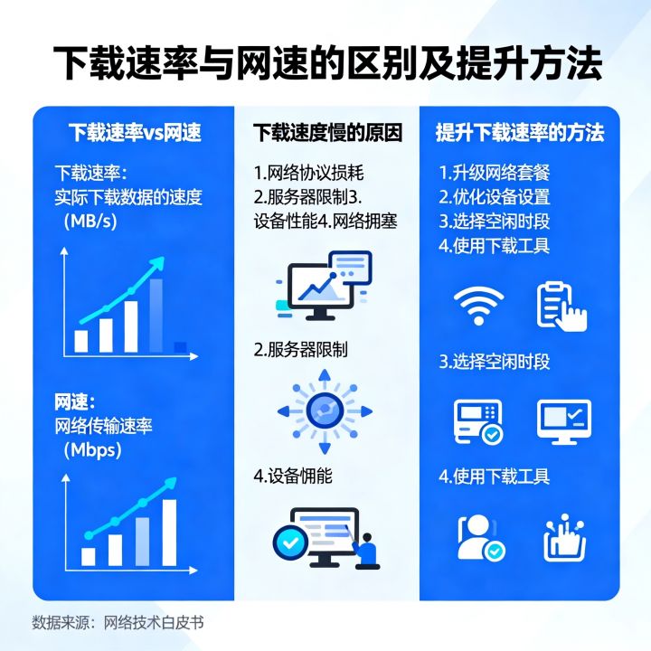 下载速率和网速有什么区别，为什么下载速度比理论网速慢很多，如何提升下载速率？