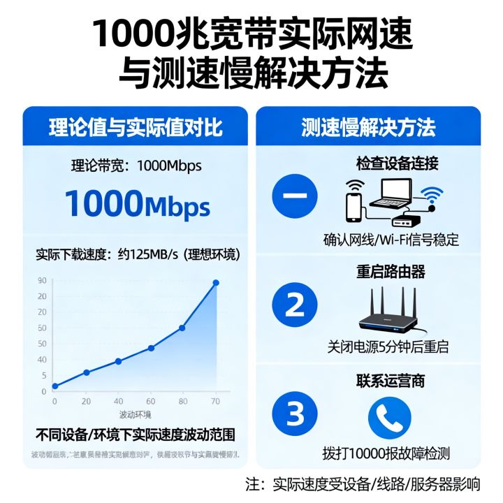 1000兆宽带实际网速是多少？宽带测速慢的解决方法