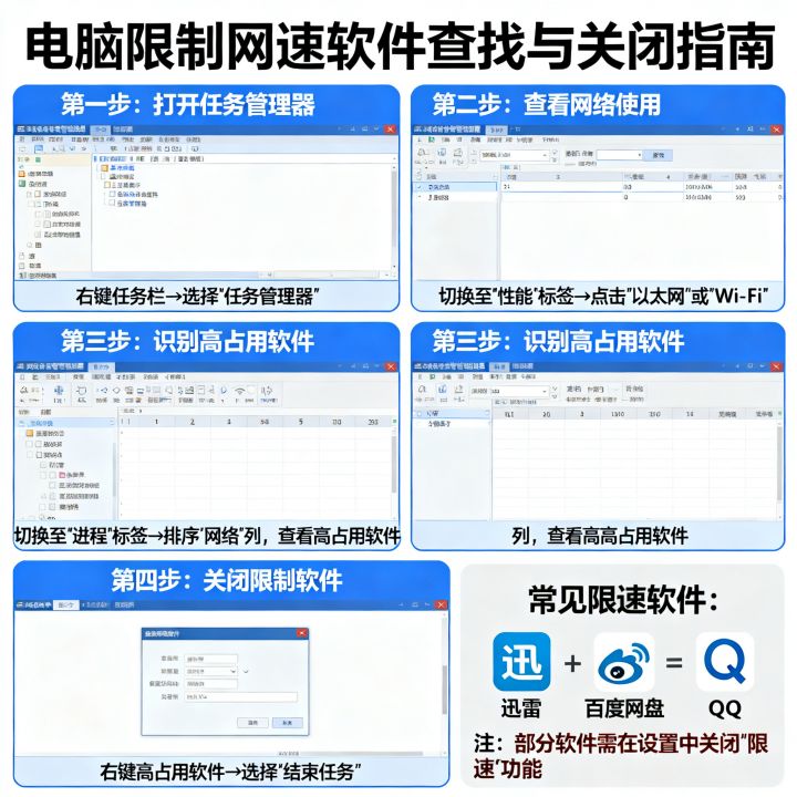 电脑哪些软件限制网速，如何查找并关闭限制网速的软件？