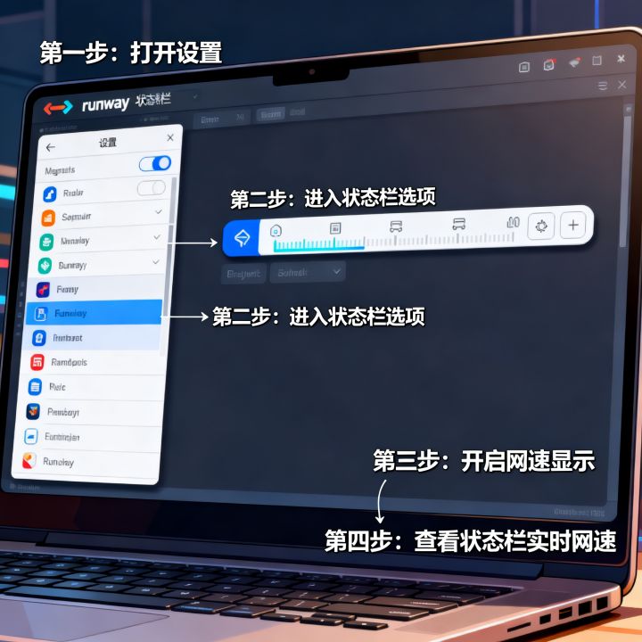 runway状态栏网速如何设置？，runway状态栏网速显示教程